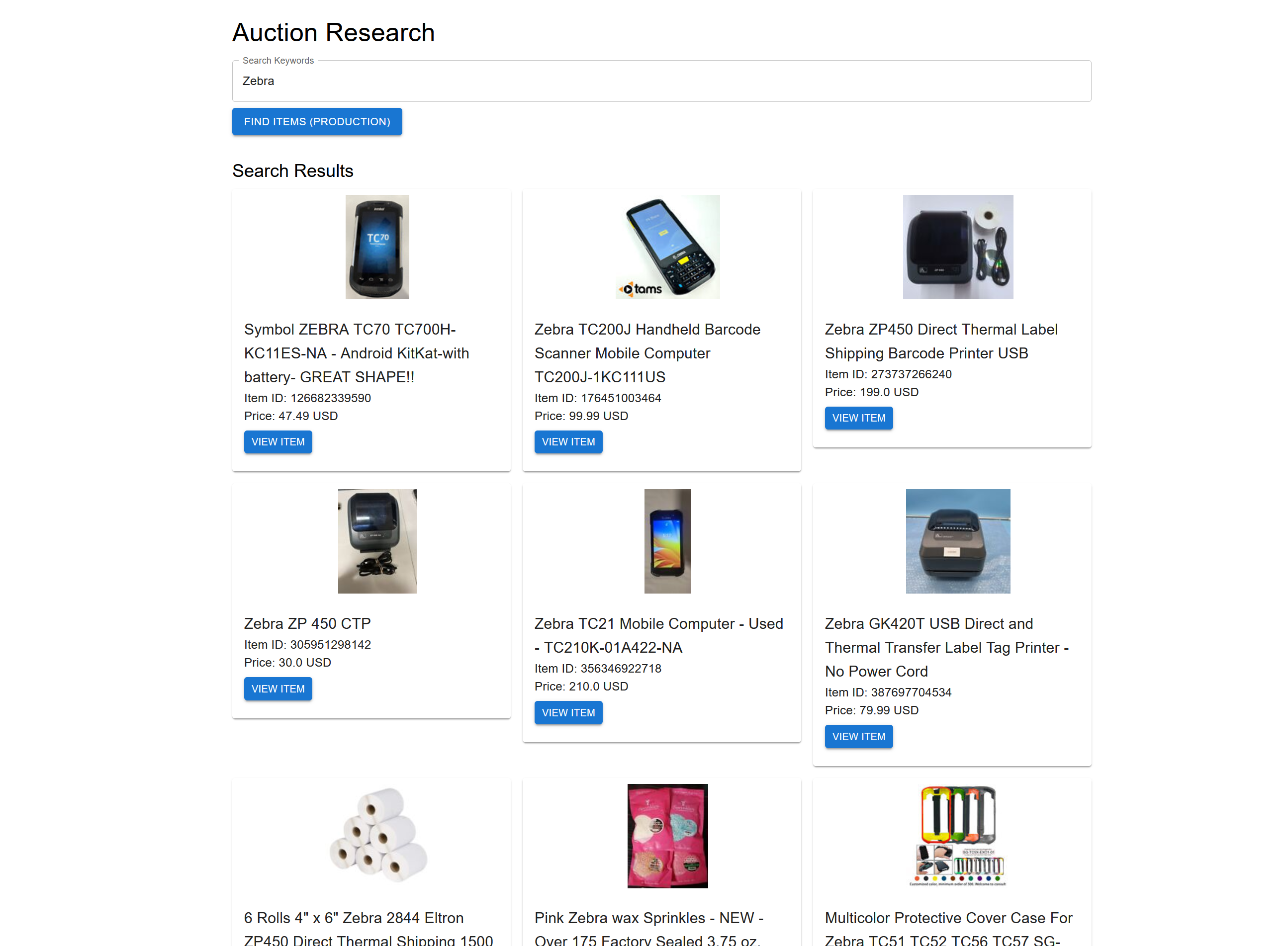 Interface screenshot of Auction Research Tool: A full-stack research platform for analyzing auction data across multiple platforms