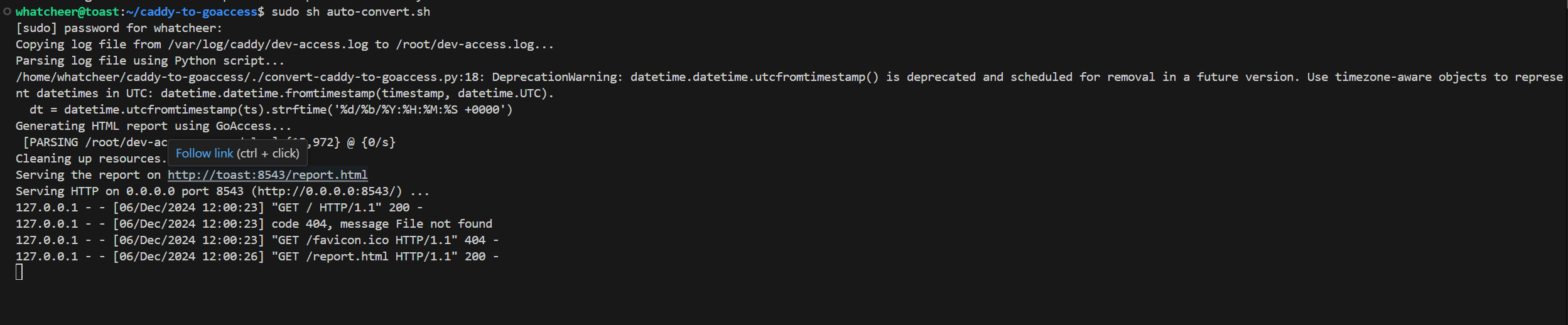 Interface screenshot of Caddy to GoAccess Converter: A specialized log analysis tool that converts Caddy server's JSON logs into GoAccess-compatible format for advanced web analytics